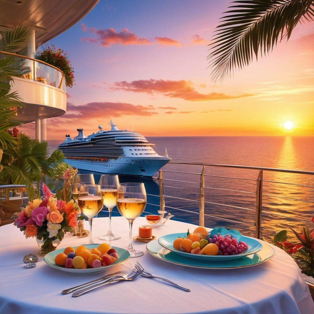 A vibrant sunset over a tranquil sea with a luxurious cruise ship in the foreground. The deck adorned with elegantly set tables, where people are clinking wine glasses filled with colorful wines. Surrounding tropical foliage and festive decorations reflect a joyful celebration atmosphere. Add a playful dolphin jumping in the background. super-realistic. vibrant colors. pastel tones.