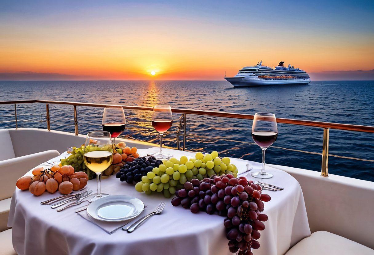 A luxurious ocean cruise setting with a scenic backdrop of the open sea. Show elegant wine glasses filled with rich red and white wines on a beautifully set table, surrounded by fresh grapes and cruise passengers enjoying the experience. Include a sunset in the sky reflecting on the water to create a vibrant atmosphere. super-realistic. vibrant colors. picturesque.