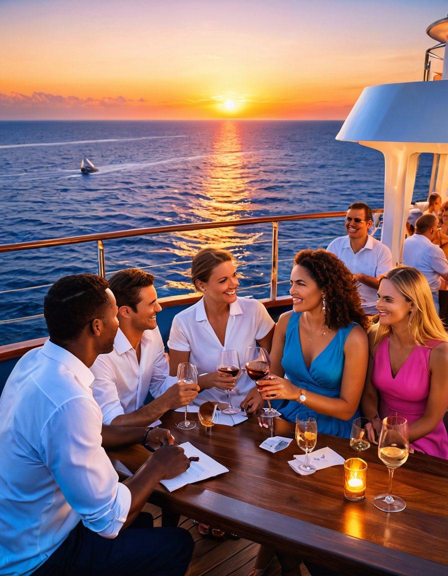 A luxurious ocean cruise ship sailing through crystal blue waters, with a diverse group of happy people enjoying glasses of wine on the deck. Vibrant sunsets in the background, adding warmth to the scene, and lush tropical islands in the distance. Include elegant wine bottles and glasses on a stylish table, enhancing the celebratory atmosphere. super-realistic. vibrant colors. sunny ambiance.